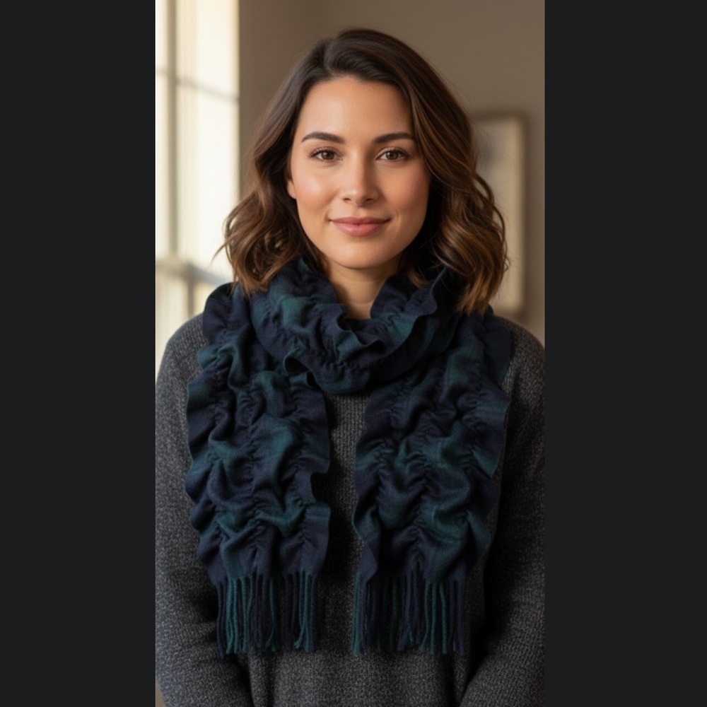 100%Cashmere Talbots Black and Green Ruffled Scarf
